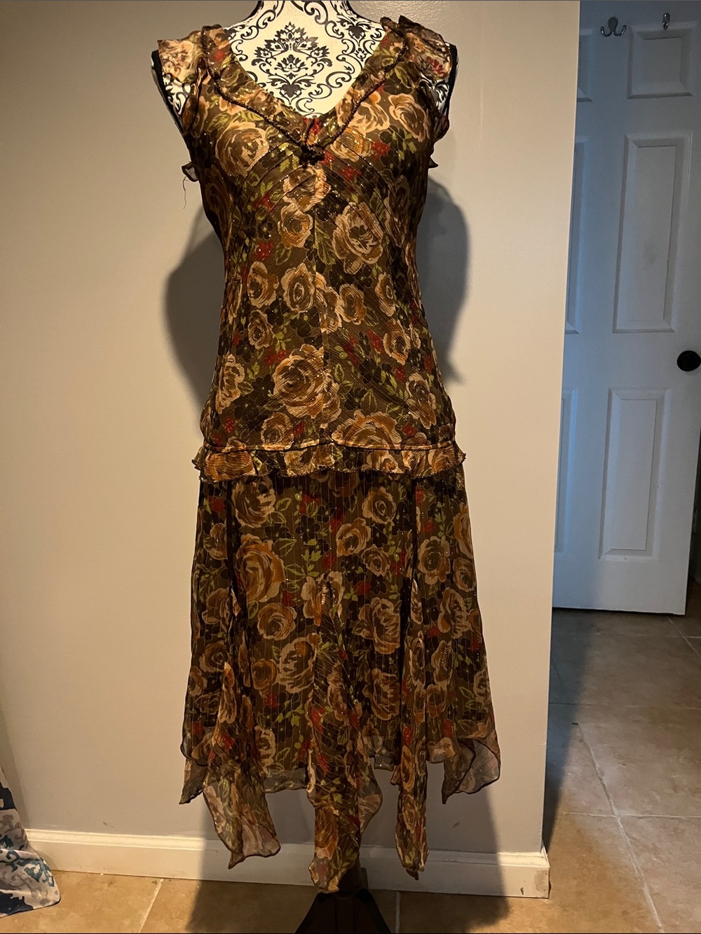 Silk Floral Ruffle V-Neck Tiered Midi 2 piece set - Olive Brown Floral